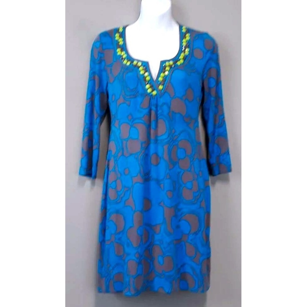Boden Beaded Floral Mini Dress Womens 8 Blue Grey 3/4 Sleeve Shift BOHO